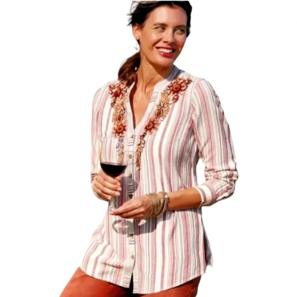 Soft Surroundings Long Sleeve Roll Tab Beaded Neckline Striped Top Size XL